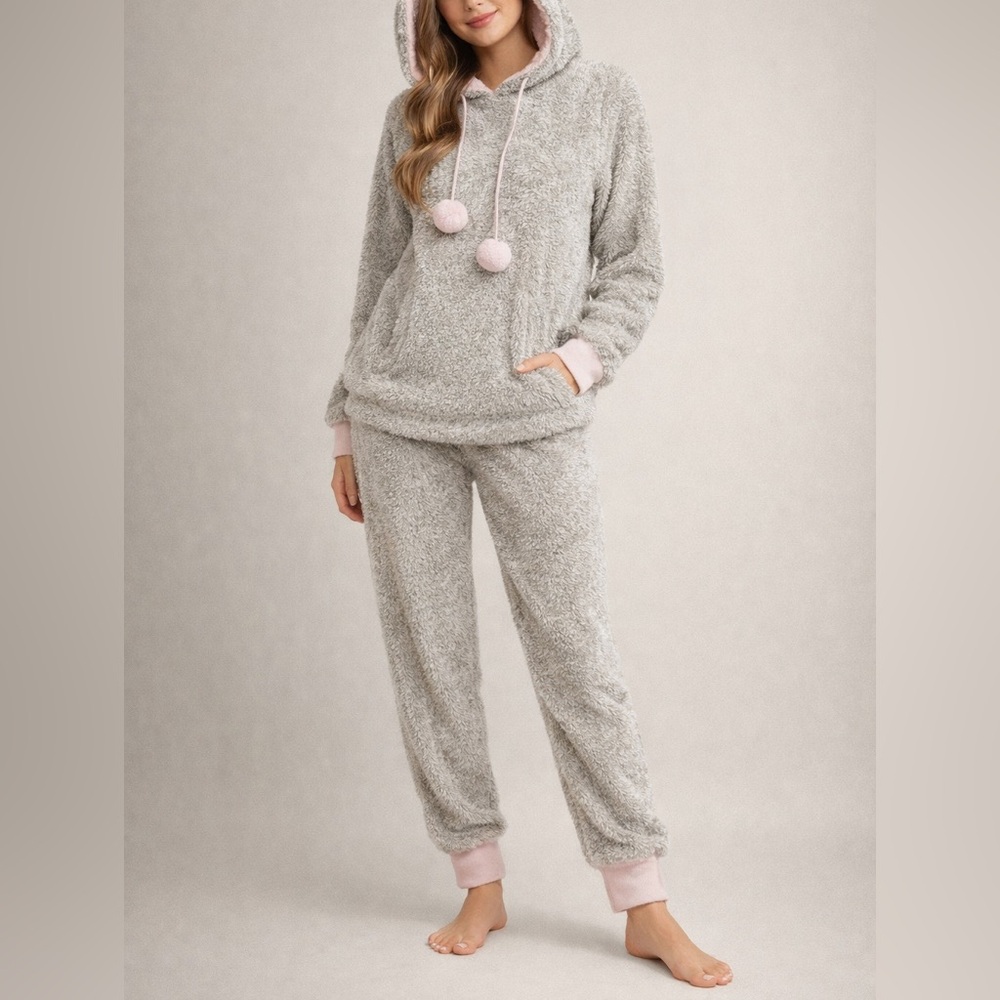 Francesca’s Cozy Fuzzy Pajama Lounge Set Grey Pink Pom Pom Hoodie Size M/S